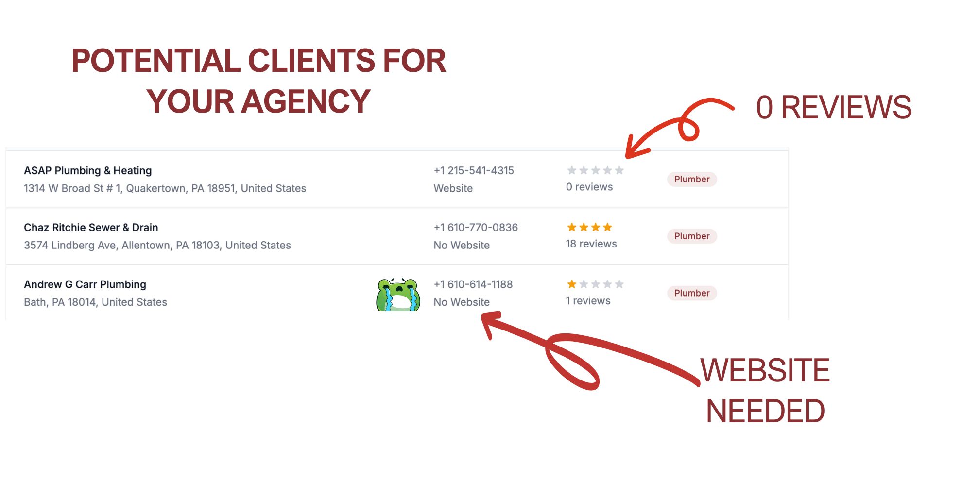 Example of potential leads - businesses with no websites or poor reviews